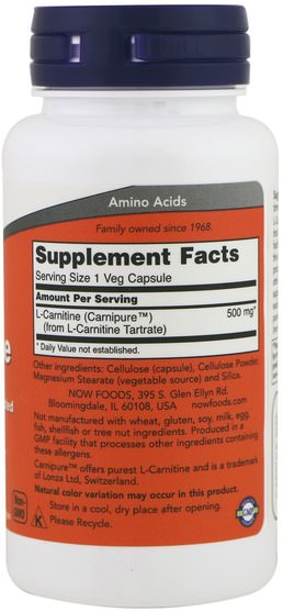 補充劑，氨基酸，左旋肉鹼 - Now Foods, L-Carnitine, 500 mg, 60 Veg Capsules