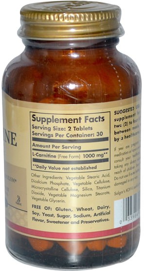 補充劑，氨基酸，左旋肉鹼 - Solgar, L-Carnitine, 500 mg, 60 Tablets