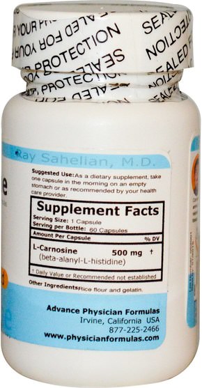 補充劑，氨基酸，l肌肽 - Advance Physician Formulas, L-Carnosine, 500 mg, 30 Capsules