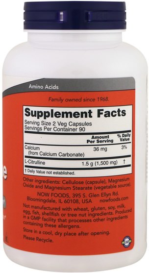 補充劑，氨基酸，瓜氨酸 - Now Foods, L-Citrulline, 750 mg, 180 Veg Capsules