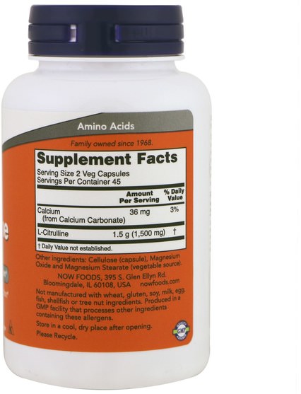 補充劑，氨基酸，瓜氨酸，運動，一氧化氮 - Now Foods, L-Citrulline, 750 mg, 90 Veg Capsules
