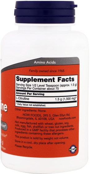 補充劑，氨基酸，瓜氨酸，運動，一氧化氮 - Now Foods, L-Citrulline, Pure Powder, 4 oz (113 g)