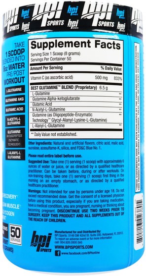 補充劑，氨基酸，l谷氨酰胺 - BPI Sports, Best Glutamine, Snow Cone, 14.1 oz (400 g)