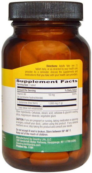 補充劑，氨基酸，l谷氨酰胺 - Country Life, L-Glutamine, 1000 mg, 60 Tablets