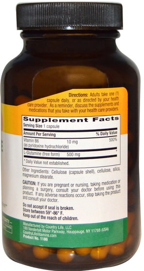 補充劑，氨基酸，l谷氨酰胺，l谷氨酰胺帽 - Country Life, L-Glutamine Caps, 500 mg, 100 Vegan Caps