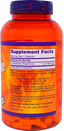 補充劑，氨基酸，l谷氨酰胺，l谷氨酰胺帽 - Now Foods, Sports, L-Glutamine, Double Strength, 1000 mg, 240 Capsules