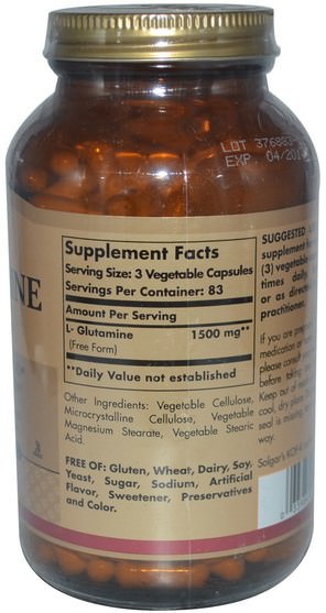 補充劑，氨基酸，l谷氨酰胺，l谷氨酰胺帽 - Solgar, L-Glutamine, 500 MG, 250 Vegetable Capsules
