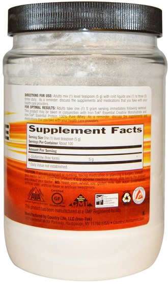 補充劑，氨基酸，l谷氨酰胺，l谷氨酰胺粉末 - Country Life, Iron-Tek, Glutamine Powder, 17.6 oz (500 g)
