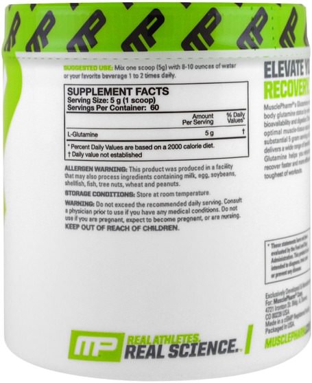 補充劑，氨基酸，l谷氨酰胺，l谷氨酰胺粉末，運動，運動 - MusclePharm, Glutamine, Growth & Recovery, Core Series.661 lbs (300 g)