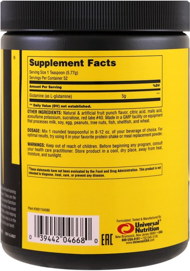 補充劑，氨基酸，l谷氨酰胺，l谷氨酰胺粉末 - Universal Nutrition, Glutamine, Fruit Punch, 300 g