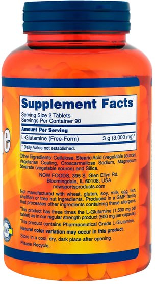 補充劑，氨基酸，l谷氨酰胺，l谷氨酰胺片 - Now Foods, Sports, L-Glutamine, 1.500 mg, 180 Tablets