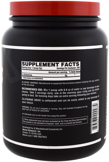 補充劑，氨基酸，l谷氨酰胺粉末 - Nutrex Research Labs, Glutamine Drive, Unflavored, 2.2 lbs (1000 g)