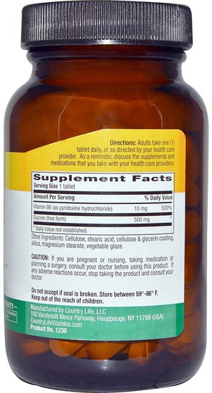 補充劑，氨基酸，甘氨酸 - Country Life, Glycine, 500 mg, 100 Tablets
