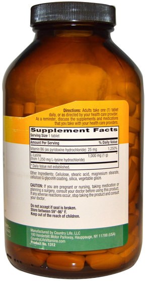 補充劑，氨基酸，l賴氨酸 - Country Life, L-Lysine, 1000 mg, 250 Tablets