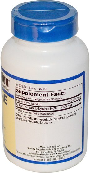 補充劑，氨基酸，l賴氨酸 - Life Extension, L-Lysine, 620 mg, 100 Veggie Caps