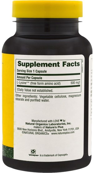 補充劑，氨基酸，l賴氨酸 - Natures Plus, L-Lysine, 500 mg, 90 Veggie Caps