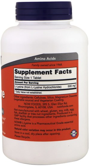 補充劑，氨基酸，l賴氨酸 - Now Foods, L-Lysine, 500 mg, 250 Tablets