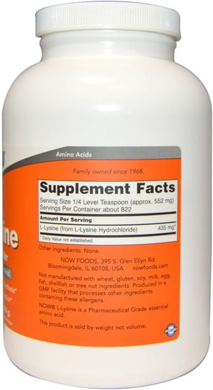補充劑，氨基酸，l賴氨酸 - Now Foods, L-Lysine Pure Powder, 1 lb (454 g)