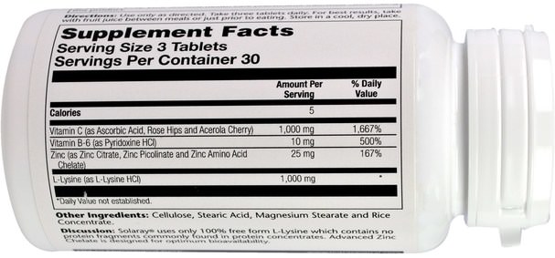 補充劑，氨基酸，l賴氨酸 - Solaray, L-Lysine, 1.000 mg, 90 Tablets