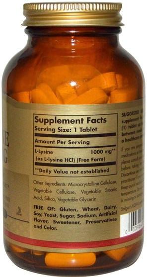 補充劑，氨基酸，l賴氨酸 - Solgar, L-Lysine, Free Form, 1000 mg, 100 Tablets