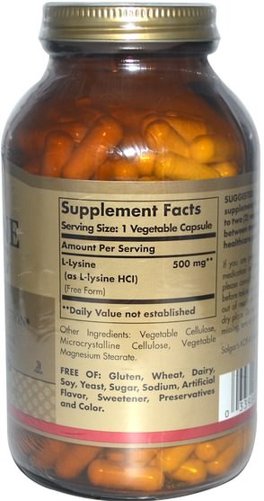 補充劑，氨基酸，l賴氨酸 - Solgar, L-Lysine, Free Form, 500 mg, 250 Vegetable Capsules