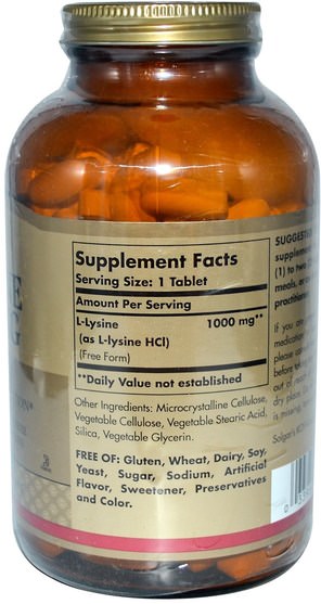 補充劑，氨基酸，l賴氨酸 - Solgar, L-Lysine, Free Form, 1000 mg, 250 Tablets
