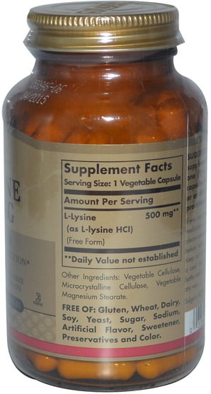 補充劑，氨基酸，l賴氨酸 - Solgar, L-Lysine, Free Form, 500 mg, 100 Vegetable Capsules
