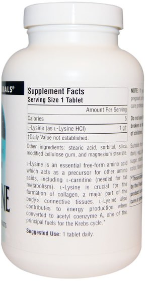補充劑，氨基酸，l賴氨酸 - Source Naturals, L-Lysine, 1.000 mg, 200 Tablets