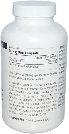 補充劑，氨基酸，l賴氨酸 - Source Naturals, L-Lysine, 500 mg, 200 Capsules
