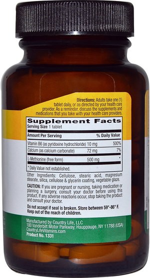 補充劑，氨基酸，蛋氨酸 - Country Life, L-Methionine, 500 mg, 60 Tablets