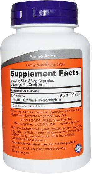 補充劑，氨基酸，l鳥氨酸 - Now Foods, L-Ornithine, 500 mg, 120 Veg Capsules