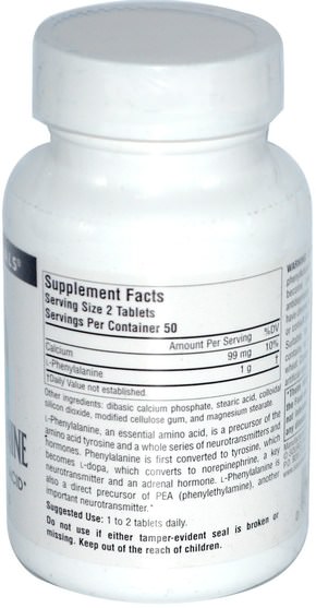 補充劑，氨基酸，l苯丙氨酸 - Source Naturals, L-Phenylalanine, 500 mg, 100 Tablets
