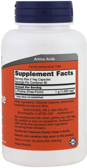 補充劑，氨基酸，l脯氨酸 - Now Foods, L-Proline, 500 mg, 120 Veg Capsules