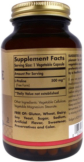 補充劑，氨基酸，l脯氨酸 - Solgar, L-Proline, 500 mg, 100 Vegetable Capsules