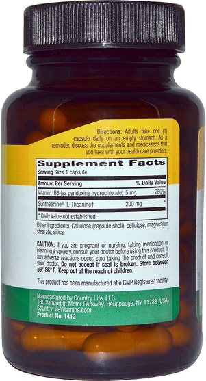 補充劑，氨基酸，茶氨酸 - Country Life, L-Theanine, 200 mg, 60 Vegan Caps