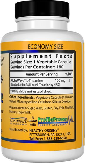 補充劑，氨基酸，茶氨酸 - Healthy Origins, L-Theanine, 100 mg, 180 Veggie Caps