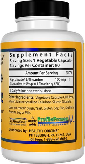 補充劑，氨基酸，茶氨酸 - Healthy Origins, L-Theanine, 100 mg, 90 Veggie Caps