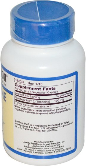 補充劑，氨基酸，茶氨酸 - Life Extension, L-Theanine, 100 mg, 60 Veggie Caps