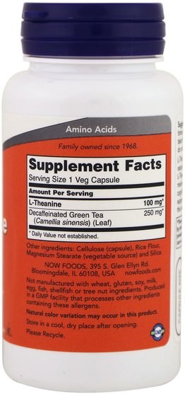 補充劑，氨基酸，茶氨酸 - Now Foods, L-Theanine, 100 mg, 90 Veg Capsules