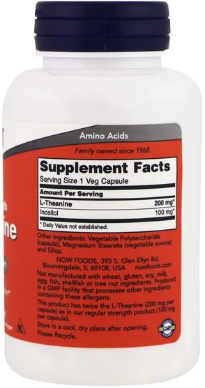 補充劑，氨基酸，茶氨酸 - Now Foods, L-Theanine, Double Strength, 200 mg, 120 Veg Capsules