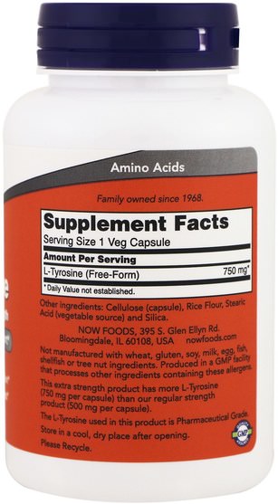 補充劑，氨基酸，酪氨酸 - Now Foods, L-Tyrosine, Extra Strength, 750 mg, 90 Veg Capsules