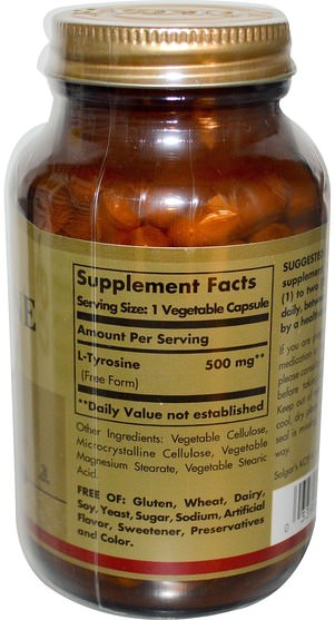補充劑，氨基酸，酪氨酸 - Solgar, L-Tyrosine, 500 mg, 100 Vegetable Capsules