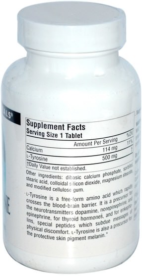 補充劑，氨基酸，酪氨酸 - Source Naturals, L-Tyrosine, 500 mg, 100 Tablets