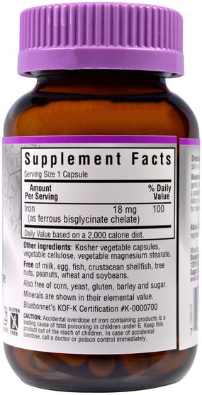 補充劑，氨基酸，礦物質，鐵 - Bluebonnet Nutrition, Chelated Iron, 18 mg, 90 Veggie Caps