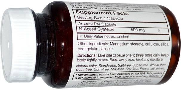 補充劑，氨基酸，nac（n乙酰半胱氨酸） - Carlson Labs, N-A-C, 500 mg, 60 Capsules
