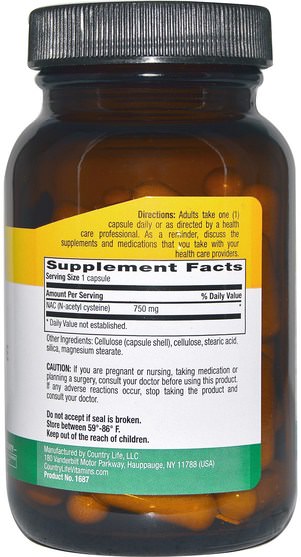 補充劑，氨基酸，nac（n乙酰半胱氨酸） - Country Life, NAC, N-Acetyl Cysteine, 750 mg, 60 Veggie Caps