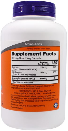 補充劑，氨基酸，nac（n乙酰半胱氨酸） - Now Foods, NAC, 600 mg, 250 Veg Capsules
