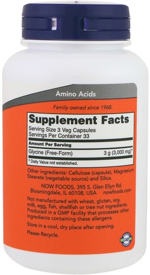補充劑，氨基酸 - Now Foods, Glycine, 1.000 mg, 100 Veg Capsules