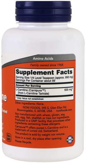 補充劑，氨基酸 - Now Foods, L-Carnitine, Pure Powder, 3 oz (85 g)