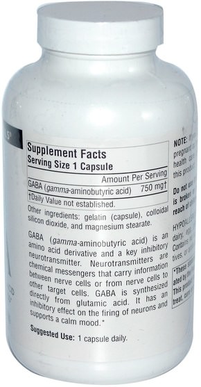 補充劑，氨基酸 - Source Naturals, GABA, 750 mg, 180 Capsules